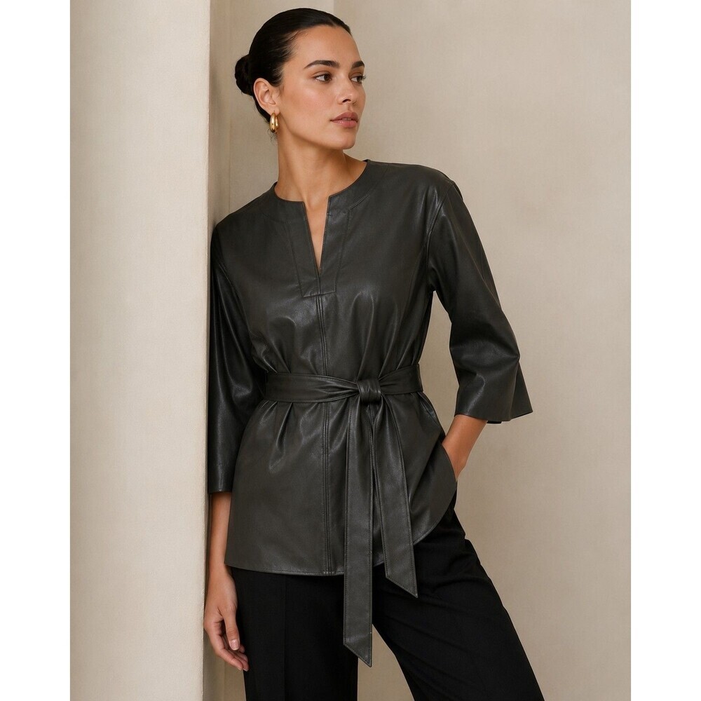 Banana Republic Womens S Olive Faux Leather Belted Tunic Top 3/4 Sleeve